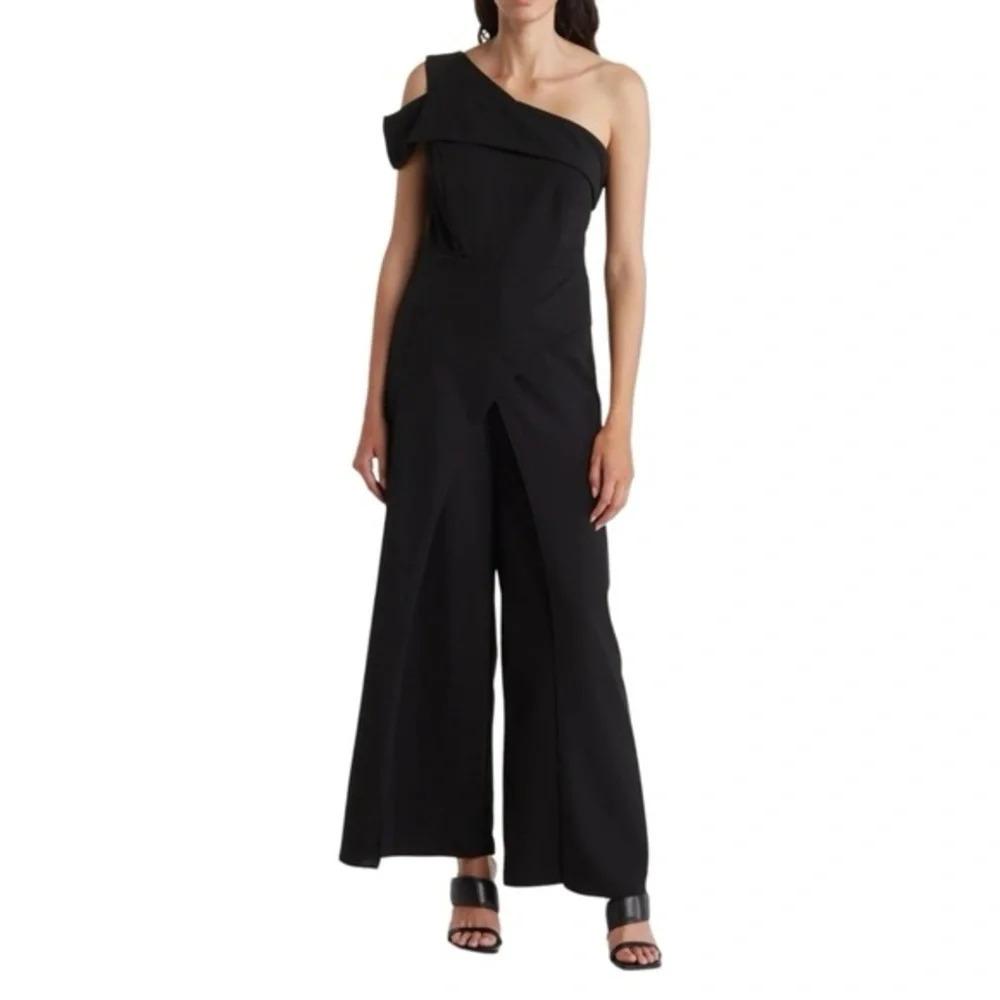 Marina Black One Shoulder Asymmetrical Dressy Wide Leg Wrap Jumpsuit Wom…
